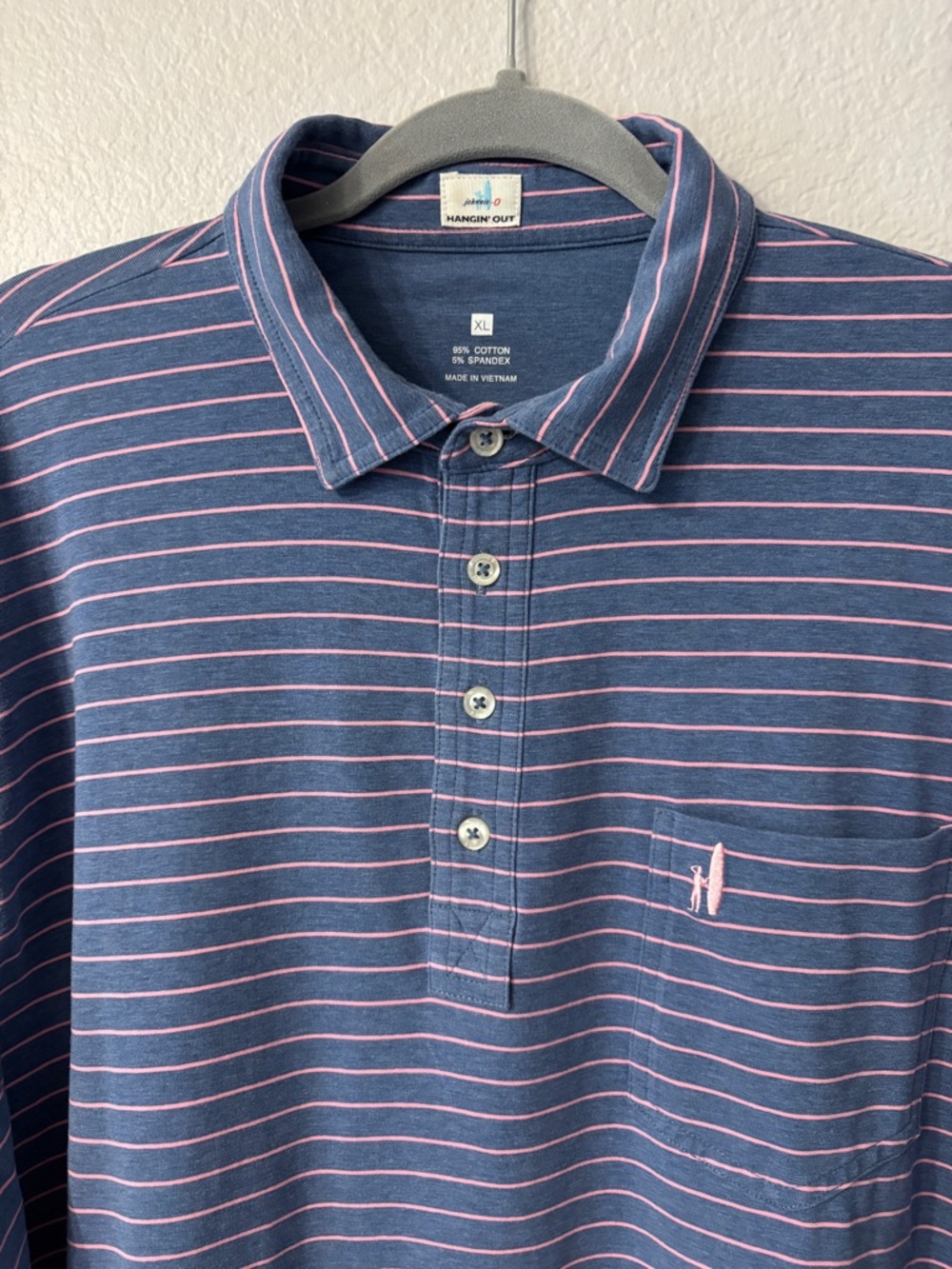 johnnie-O blue 4-stripe pocket Polo with Pink Stripes